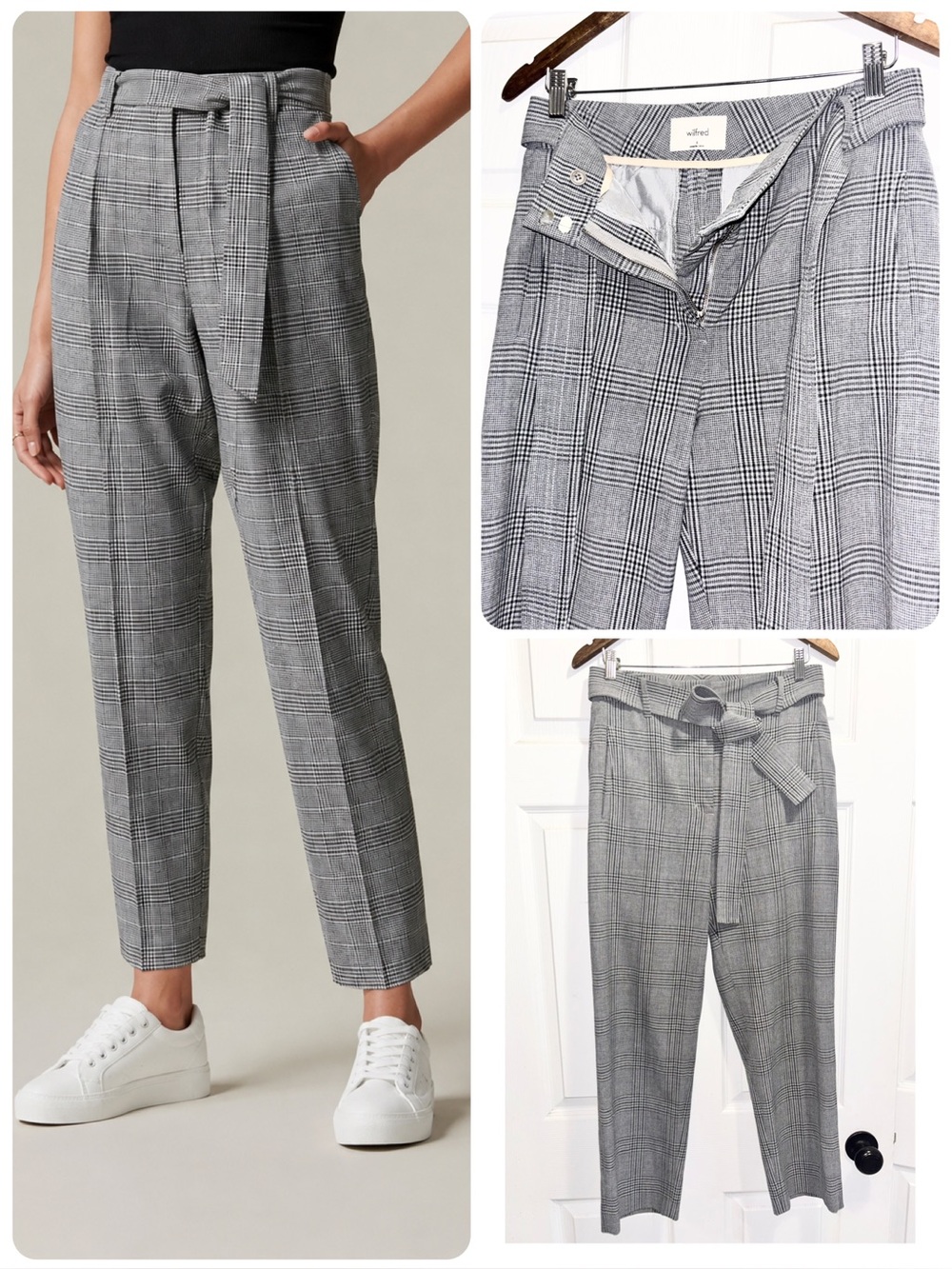 Aritzia Wilfred Tie Front Pants Charcoal Grey Plaid High Waisted Trousers Size 8